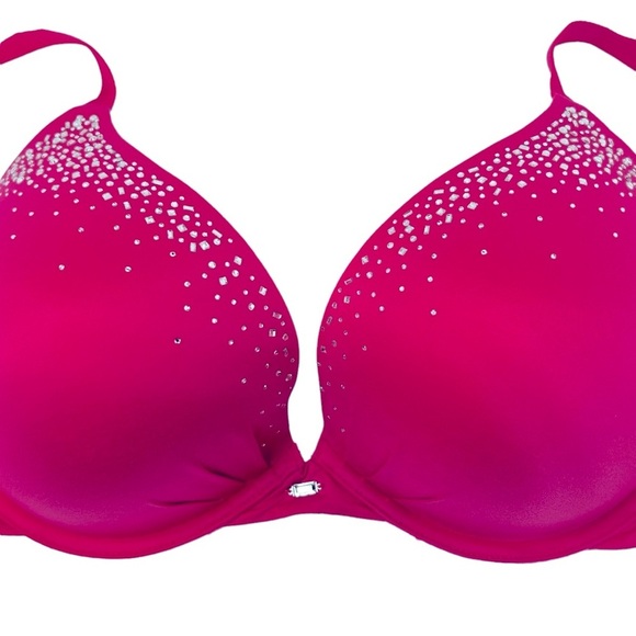 VICTORIA’S SECRET Plunge bra Fuchsia Padded Rhinestones Bling Underwire 38DD/38E - Picture 2 of 9